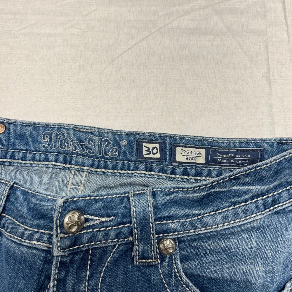 Miss Me Bootcut Jeans Blue Distressed Rhinestone Fleur De Lis Cross Size 26 - Picture 7 of 9